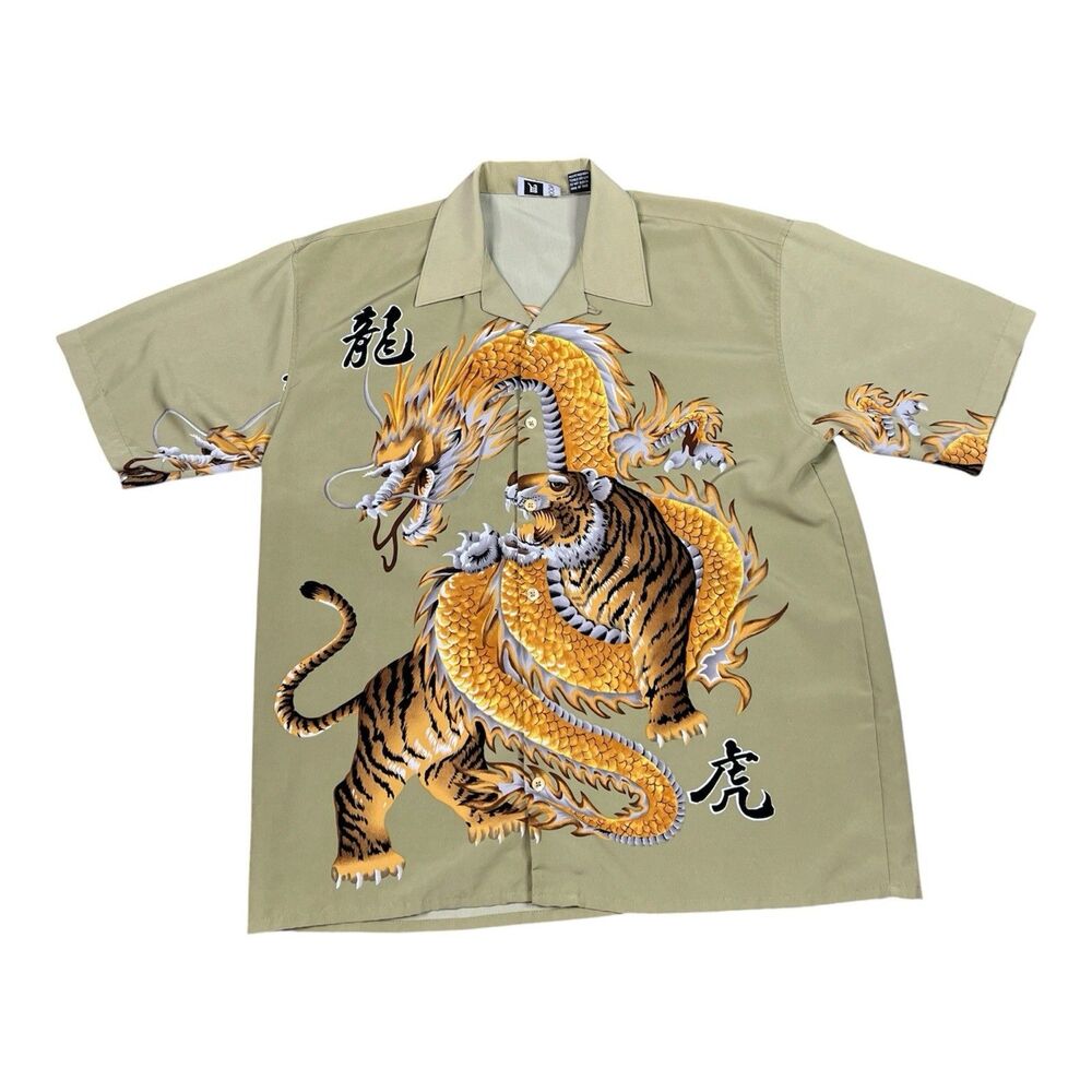 Moon Dragon Tiger Hawaiian Shirt Mens XL Beige Asian Tattoo Y2K Aloha Camp